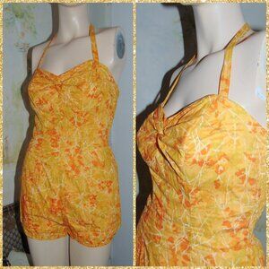 1950s Vintage Catalina Yellow Orange Twist Top One Piece Modesty Swimsuit Womens